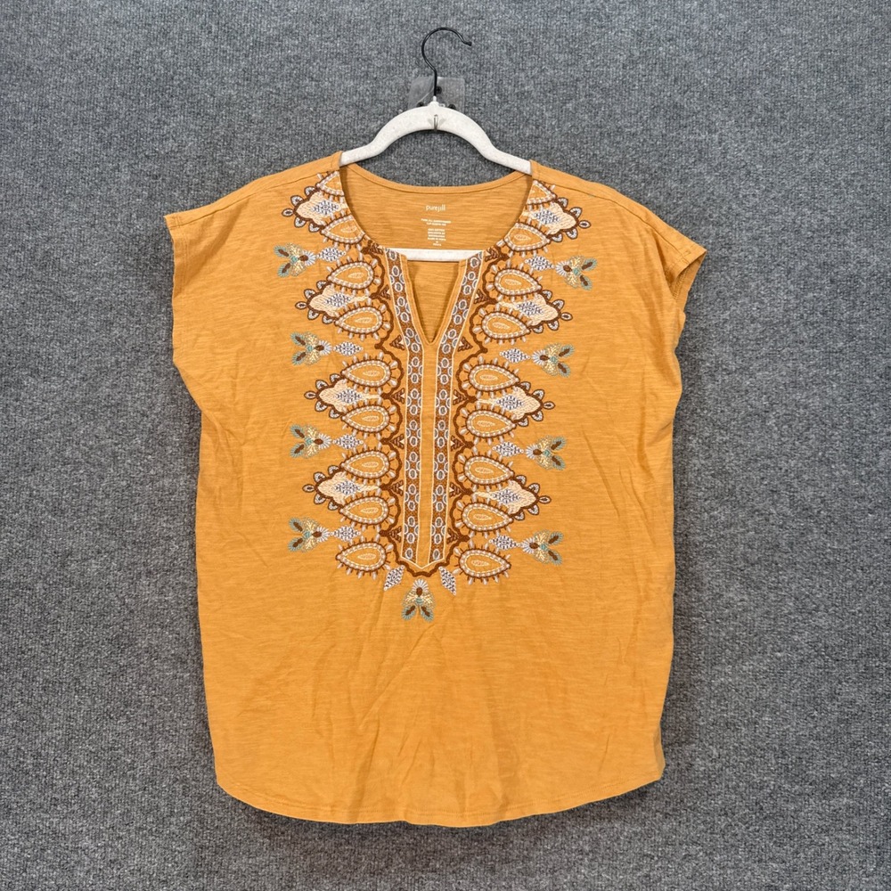 J.JIll Shirt Womens Medium Petite Yellow Pure Jill Embroidered Cotton Slub Boho